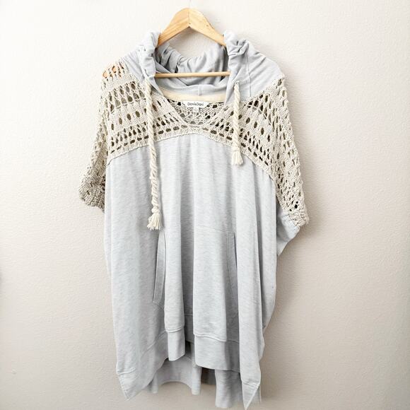 DAVI & DANI | Blue Gray Crochet Cream Slouchy Hoodie Oversized V-Neck | Large - Picture 2 of 10
